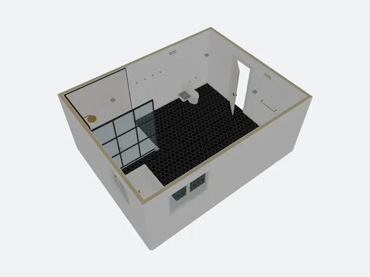 3D design of a bathroom with a glass shower and hex tile floor