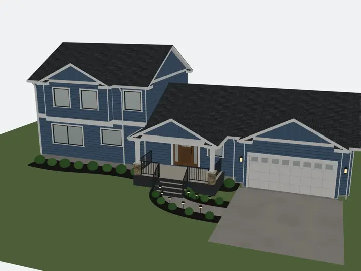 3D design of a 1970s bungalow transformed into a two storey home with a double garage and a covered porch